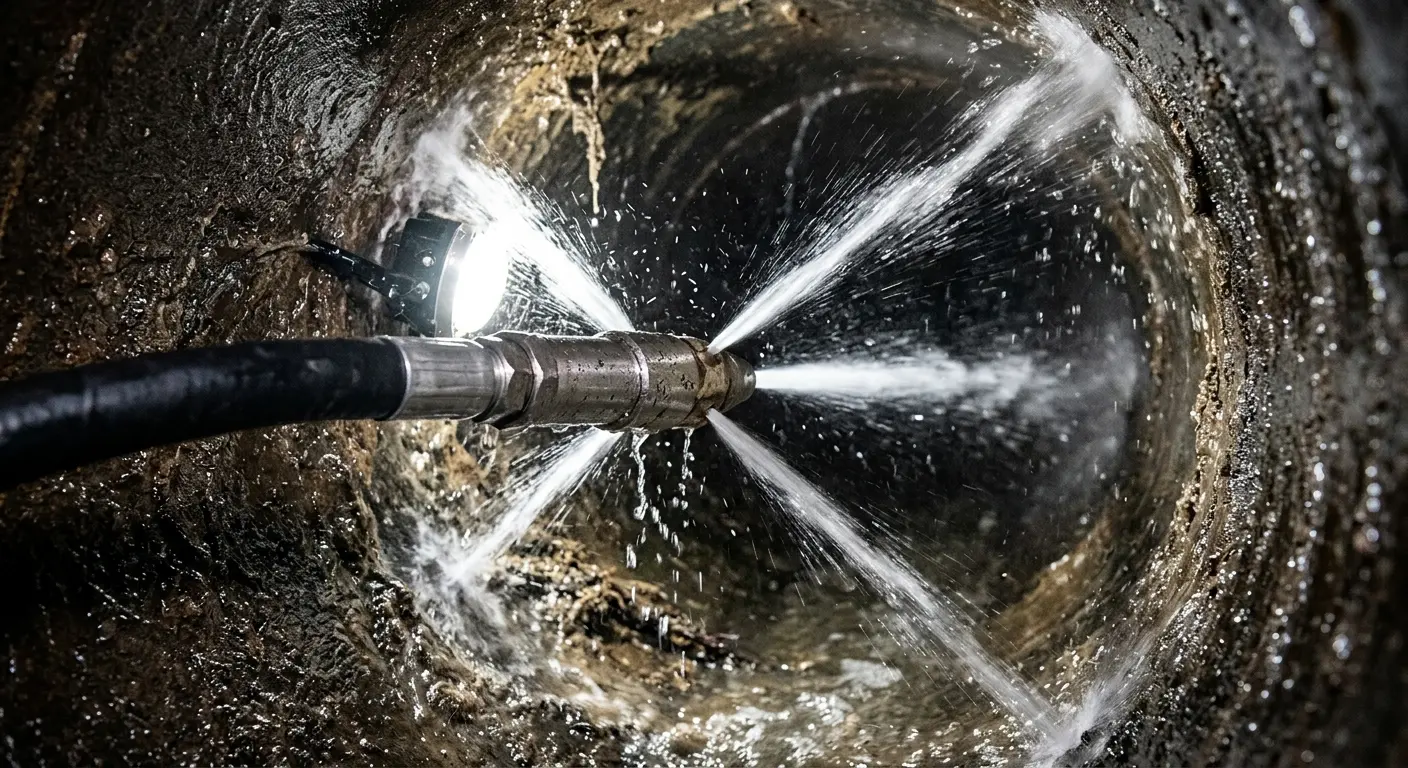 High-pressure hydro jetting nozzle cleaning sewer pipe for Trenchless Sewer Repair in Richland